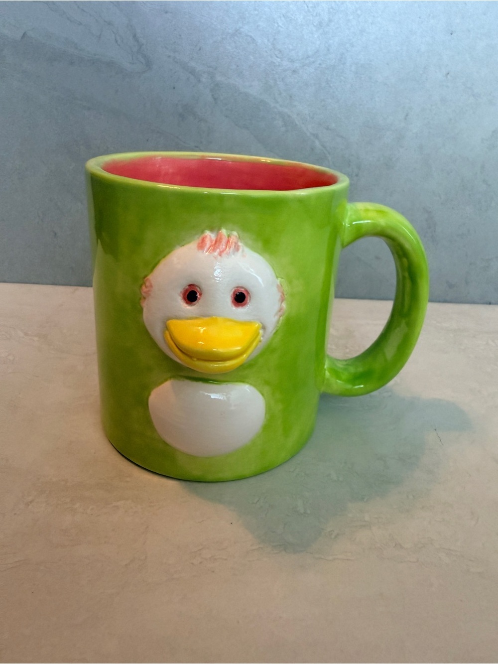 Handmade 3D Duckling Coffee Mug Green & Pink !Super Cute!
